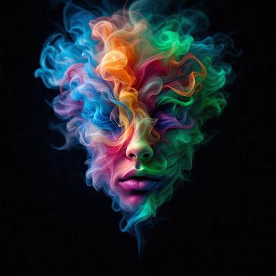 The primary subject of the image is a close-up of a person's face, with a colorful background of smoke or steam. The face appears to be a mix of different colors, giving it a unique and artistic appearance. The setting is a dark background, which further emphasizes the vibrant colors of the face. The visual style of the image is a combination of digital art and illustration, creating a striking and eye-catching portrait. The colors and mood of the image are lively and energetic,
